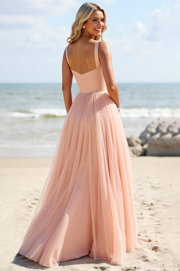 Blush Chiffon A Line Long Boho Bridesmaid Dress
